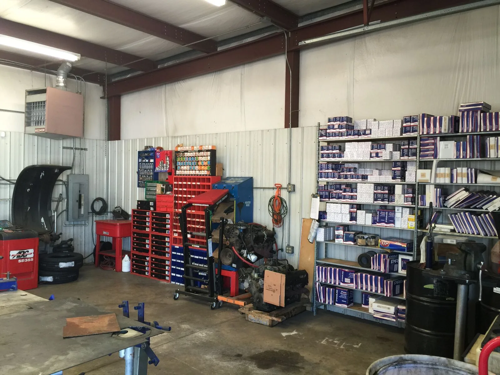 Tools and parts shelves inside Scott's Auto Repair in West Columbia, SC