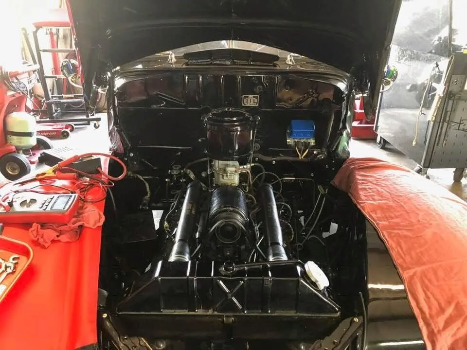 Classic car engine bay during a rebuild at Scott's Auto Repair in West Columbia, SC