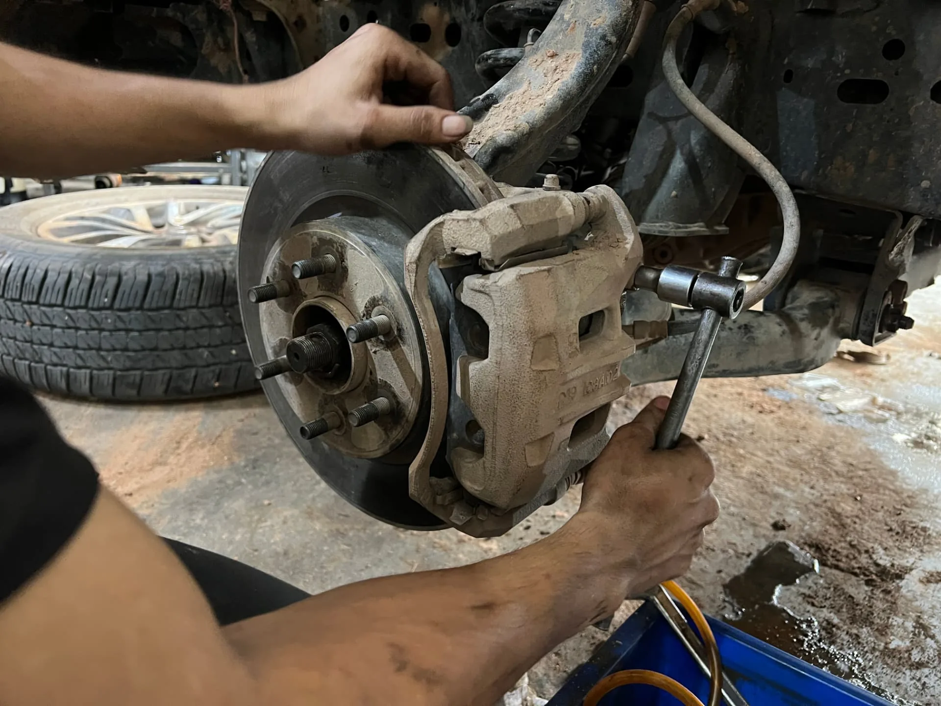 Brake caliper service on a truck