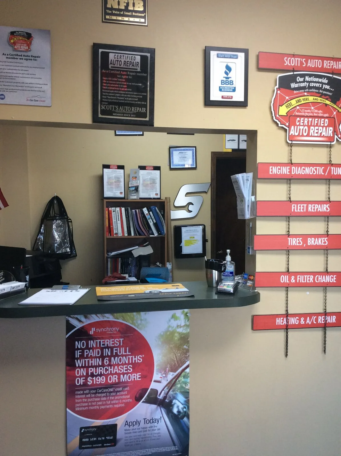Front counter and certificates at Scott's Auto Repair in West Columbia, SC