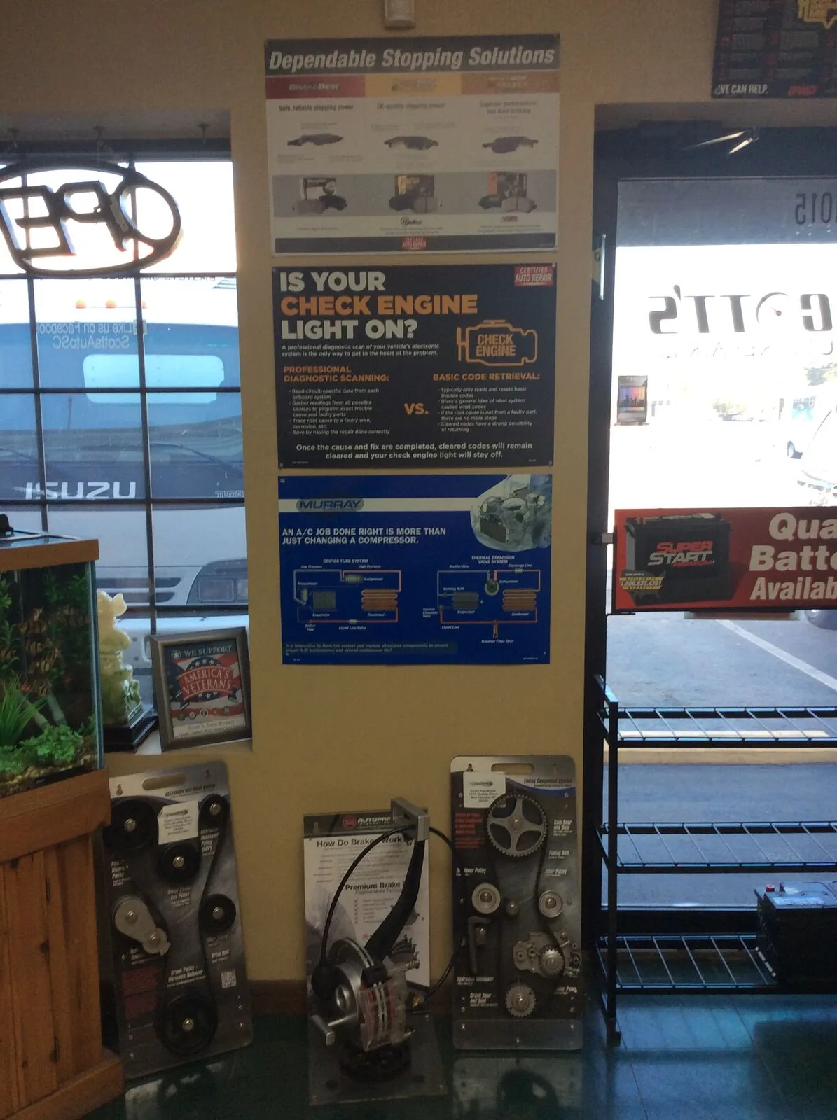Check engine light information and battery display in the shop lobby in West Columbia, SC