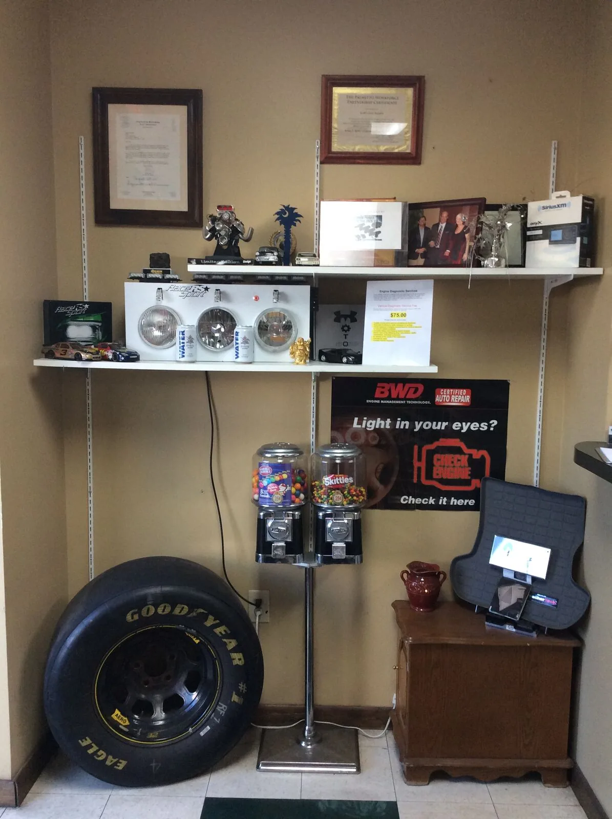Customer lobby display at Scott's Auto Repair in West Columbia, SC
